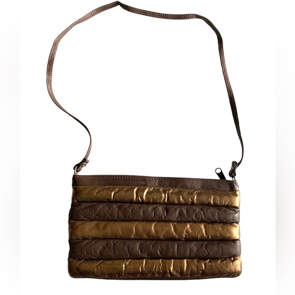 VTG 80s Leather Puffy Padded Quilted Clutch Bag Purse ~ Metallic Gold & Brown - Picture 4 of 12